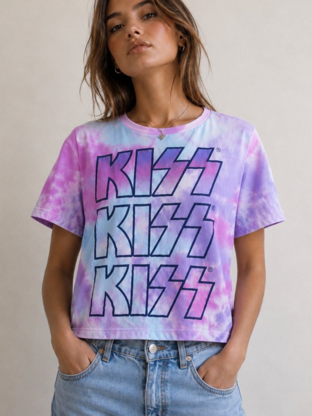 KISS Purple Blue Tie Dye Graphic Band Short Sleeve Cropped T-Shirt